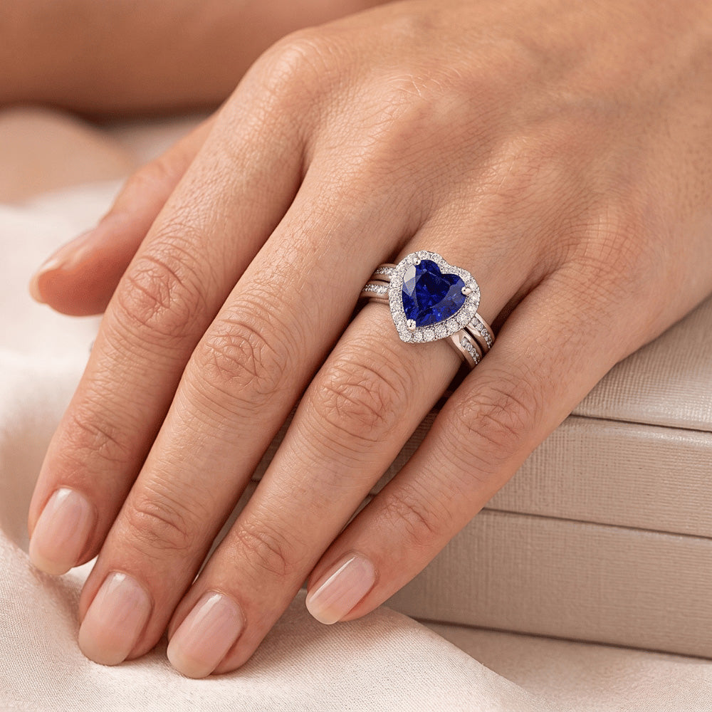 Ladies Halo Wedding Ring Set Heart Cut Sri Lankan Sapphire 3.50 Carats
