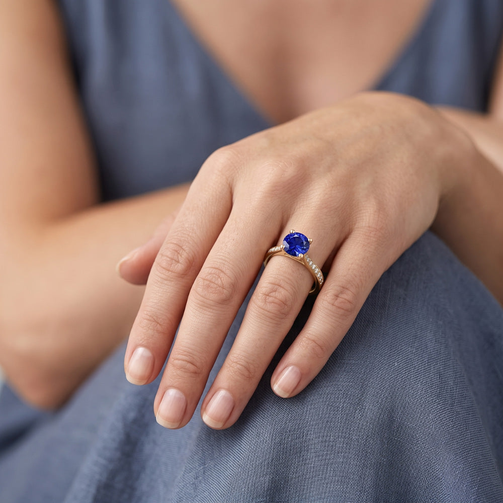 Ladies Natural Earth Mined Diamond ( Not Lab Grown ) Blue Sapphire Engagement Ring Yellow Gold 2.50 Carats