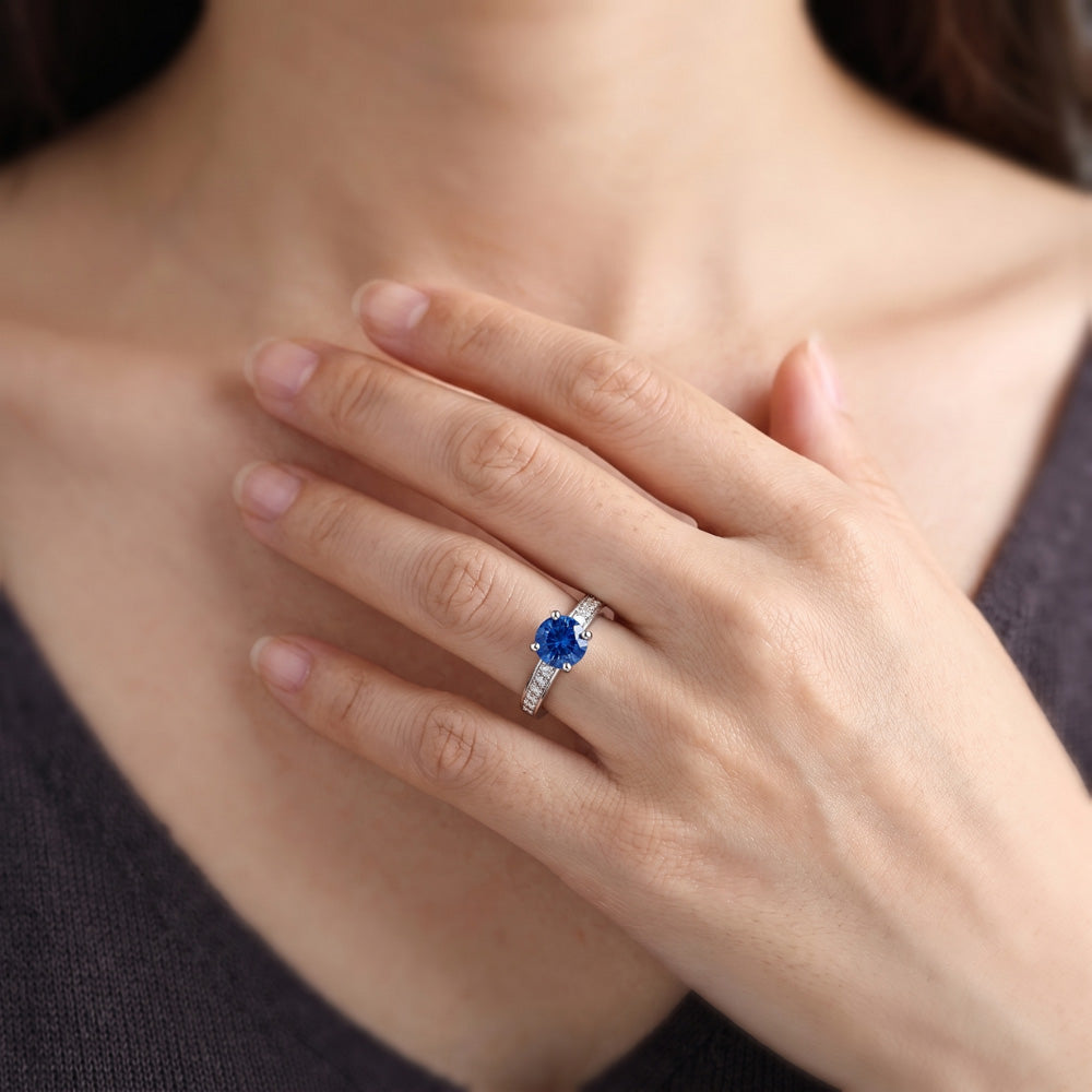 Ladies Sapphire Engagement Ring 2.50 Carats Round Natural Earth Mined Diamond ( Not Lab Grown ) Accented