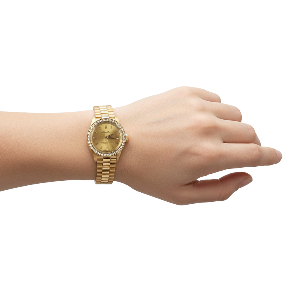 Ladies Rolex Oyster Perpetual Diamond Bezel Yellow Gold Watch P1