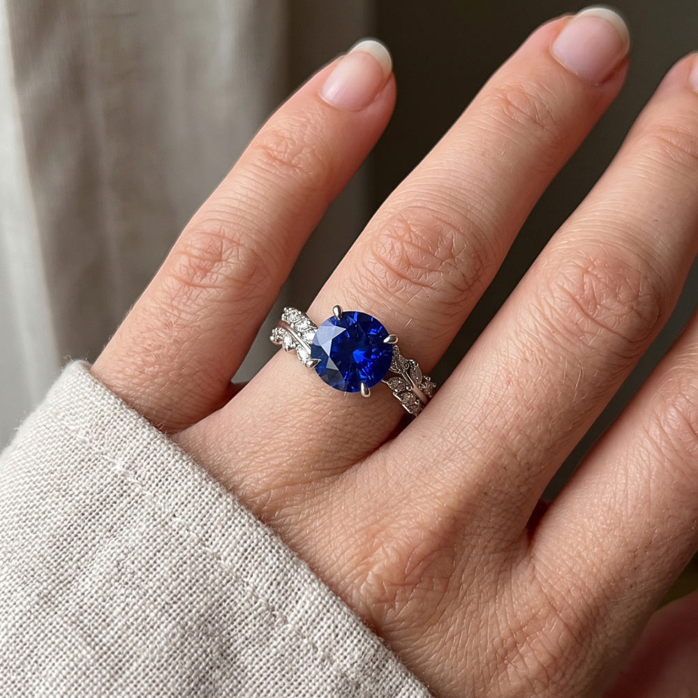 Marquise Natural Earth Mined Diamond ( Not Lab Grown ) & Round Ceylon Sapphire Ring Leaf Style 4.50 Carats