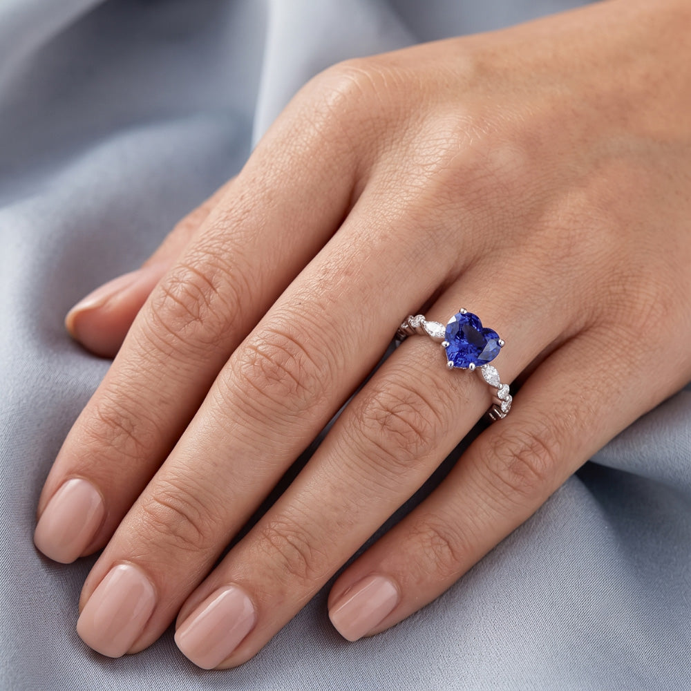 Marquise & Round Natural Earth Mined Diamond ( Not Lab Grown ) Ring Heart Light Blue Sapphire 3 Carats