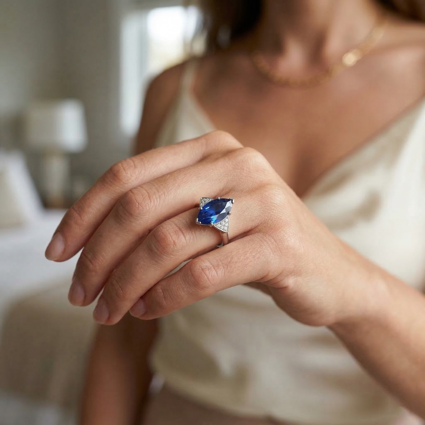 Marquise Blue Sapphire Engagement Ring With Small Natural Earth Mined Diamond ( Not Lab Grown )s 5.50 Carats