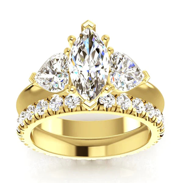 Marquise & Heart Real Diamond 3 Stone Ring & Gold Matching Band 3 Carats