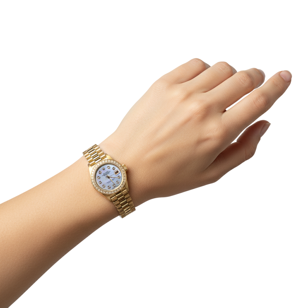 Mop Diamond Dial Rolex Presidential Style Bezel Watch Yellow Gold Woman