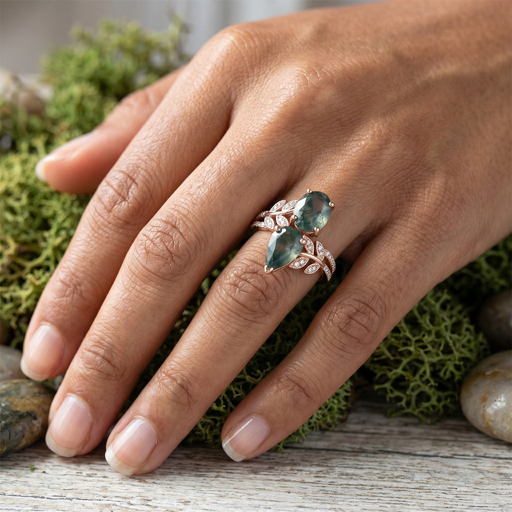Moss Agate Colored Stone Ring – Pavé 3.25 ct 14K Rose Gold