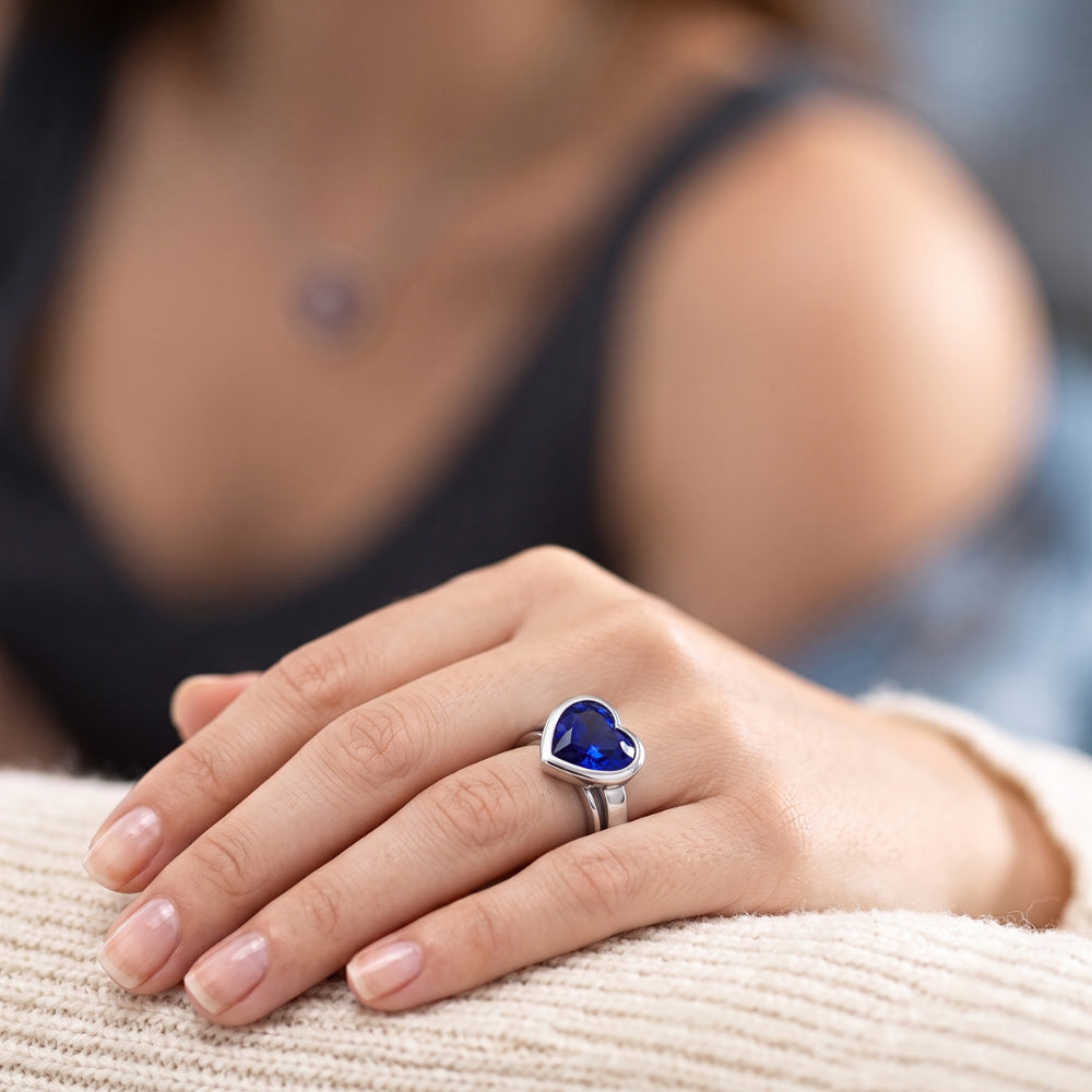 Natural 3 Carats Blue Sapphire Solitaire Ring Heart Shaped Bezel Set Gold 14K