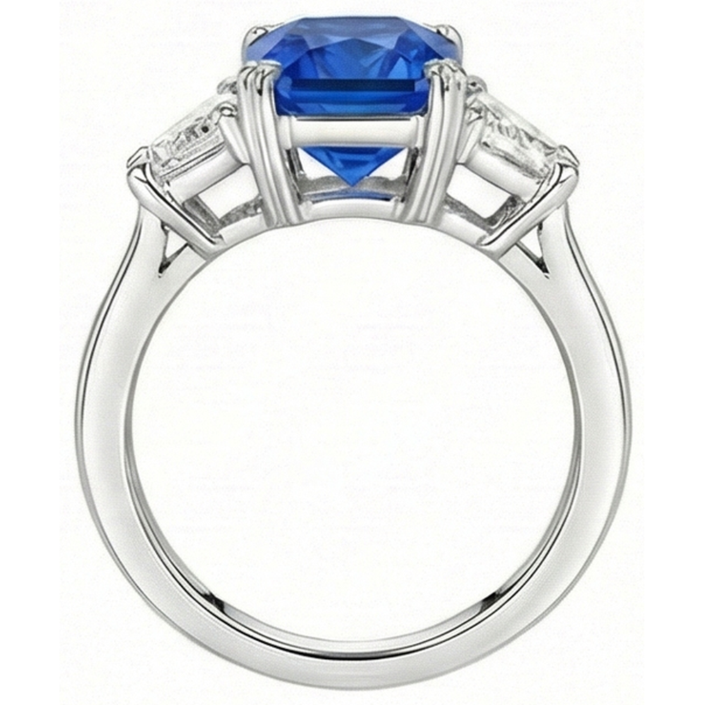 Natural Earth Mined Diamond ( Not Lab Grown ) 3 Stone Sapphire Ring Trapezoid Stones Tapered Shank 3 Carats