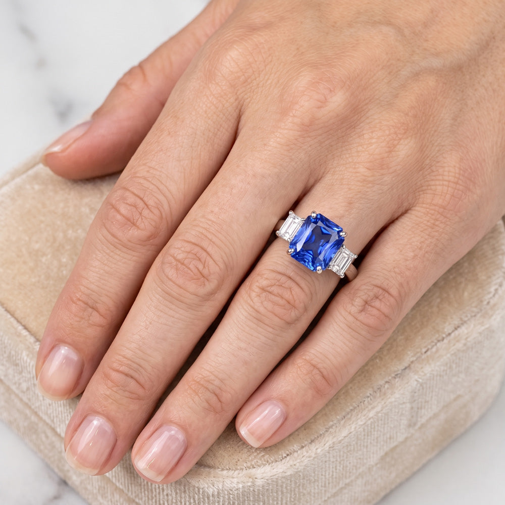 Natural Earth Mined Diamond ( Not Lab Grown ) 3 Stone Ring Radiant Sapphire & Emerald Shaped 3.50 Carats