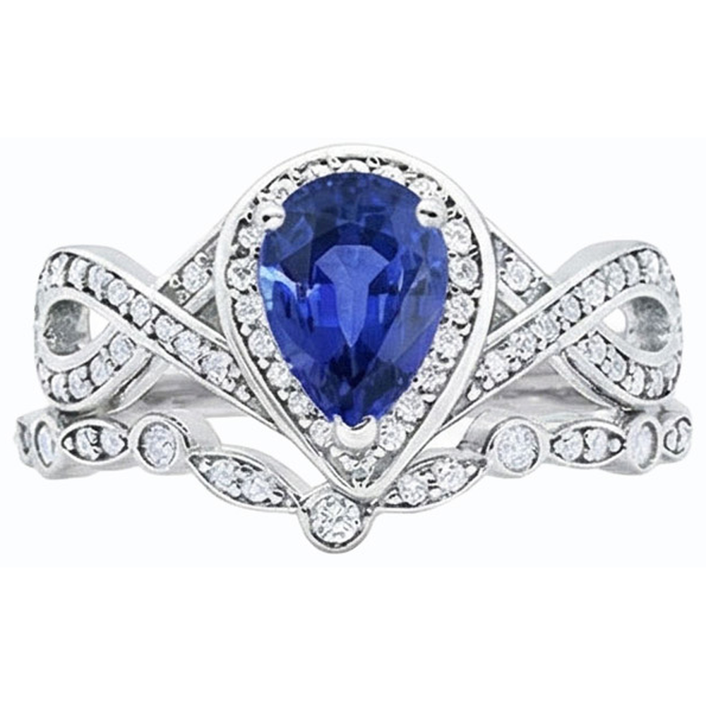 Natural Earth Mined Diamond ( Not Lab Grown ) Ceylon Sapphire Wedding Ring Set Crown Style 3.50 Carats