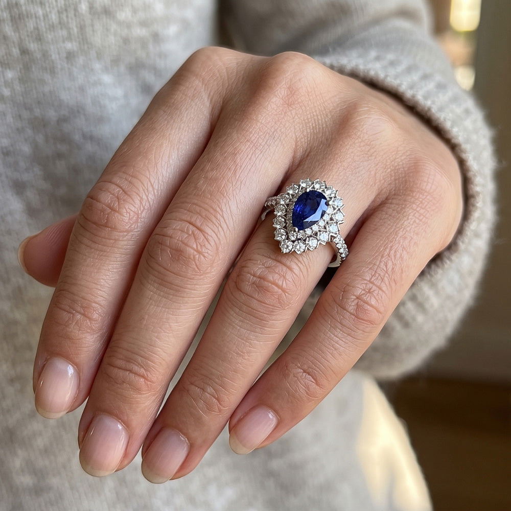 Natural Earth Mined Diamond ( Not Lab Grown ) Double Halo Ceylon Sapphire Ring Flower Style 4.50 Carats