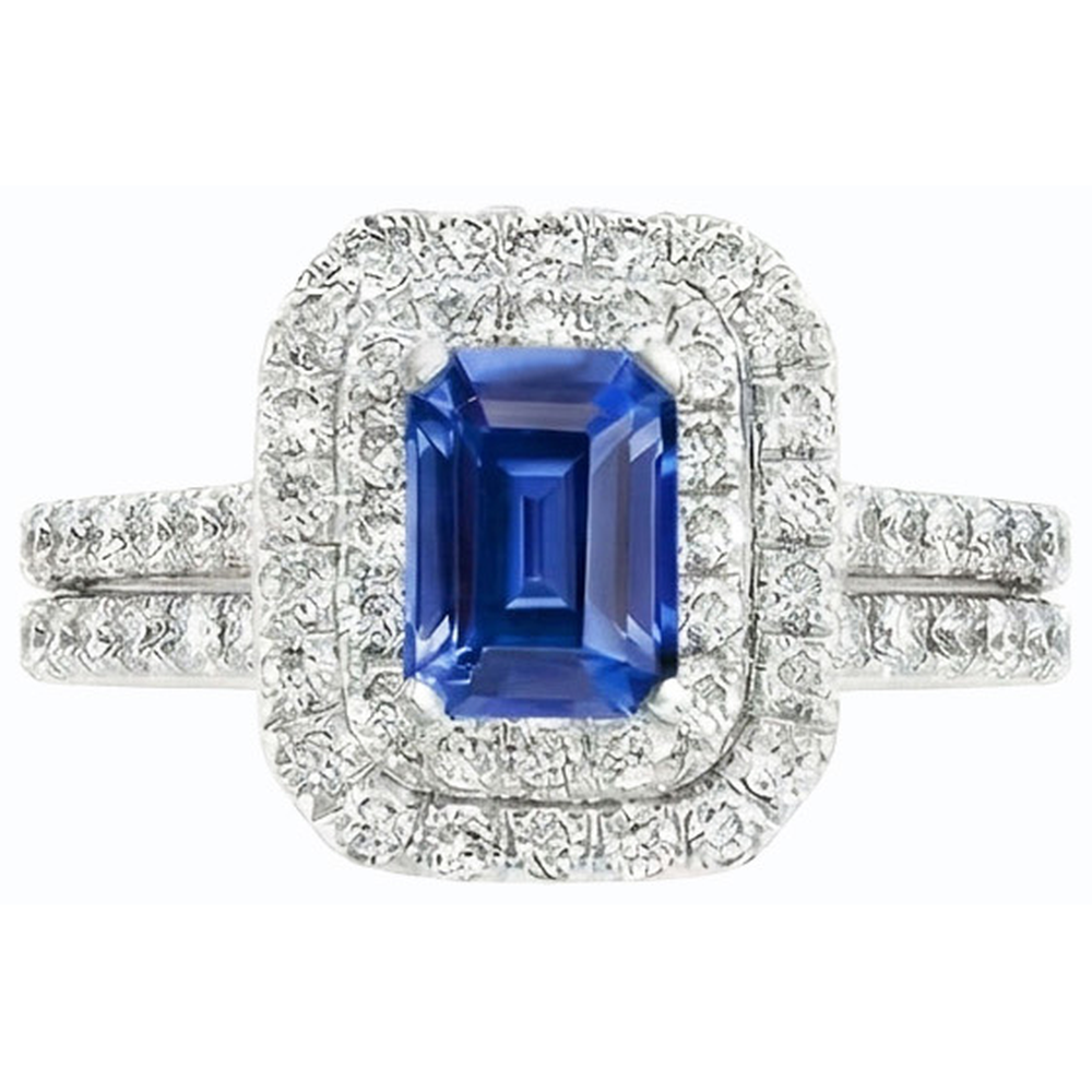 Natural Earth Mined Diamond ( Not Lab Grown ) Double Halo Emerald Blue Sapphire Wedding Ring Set 5 Carats