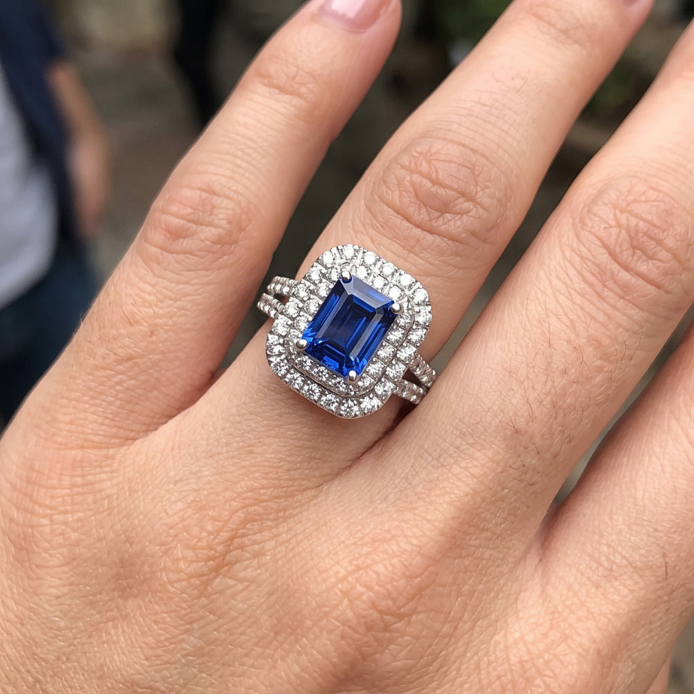 Natural Earth Mined Diamond ( Not Lab Grown ) Double Halo Emerald Blue Sapphire Wedding Ring Set 5 Carats