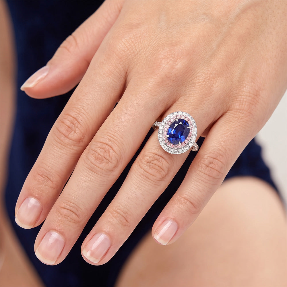 Natural Earth Mined Diamond ( Not Lab Grown ) Double Halo Oval Blue & Pink Sapphire Ring 5 Carats Prong Set