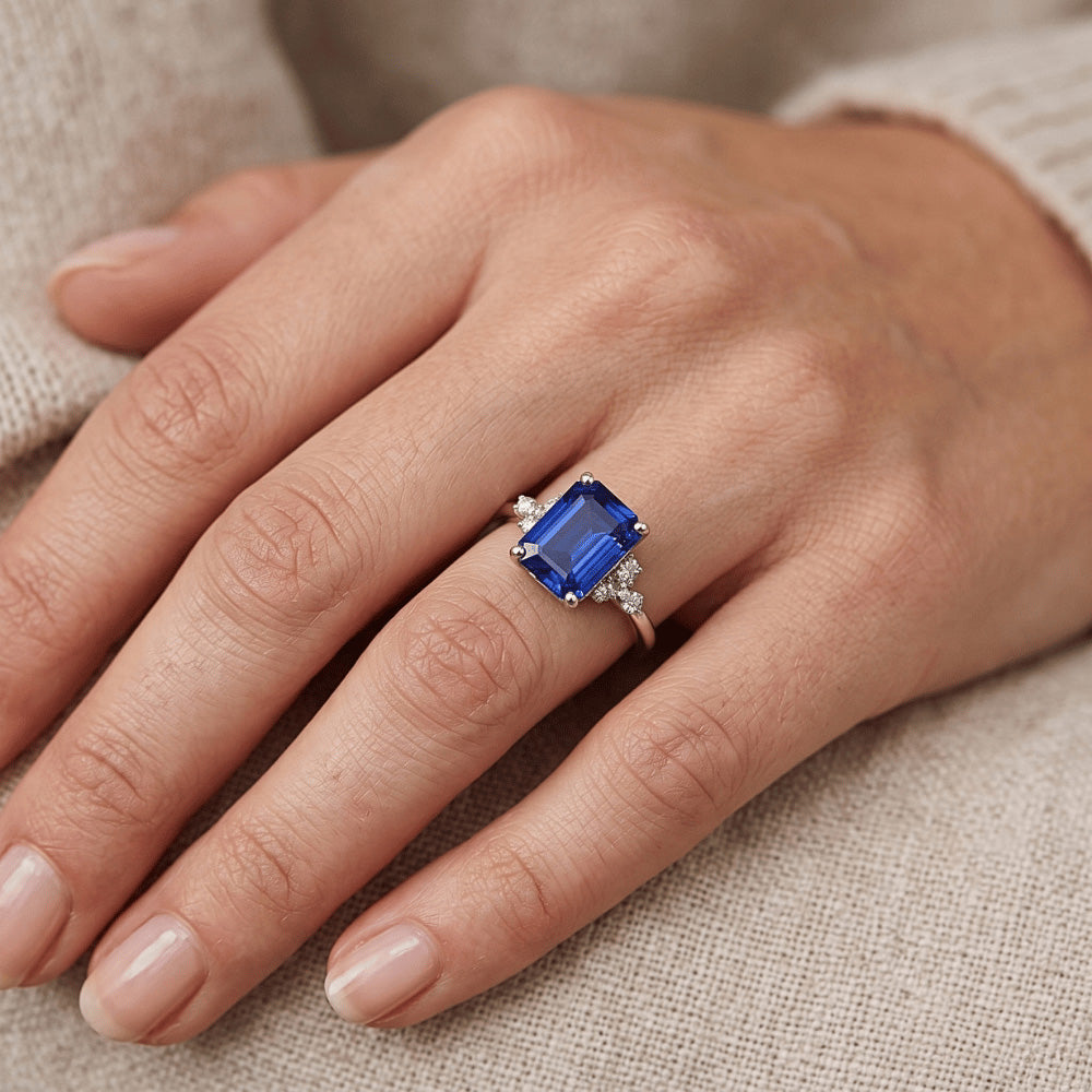 Natural Earth Mined Diamond ( Not Lab Grown ) Engagement Ring Emerald With Accents Blue Sapphire 4 Carats