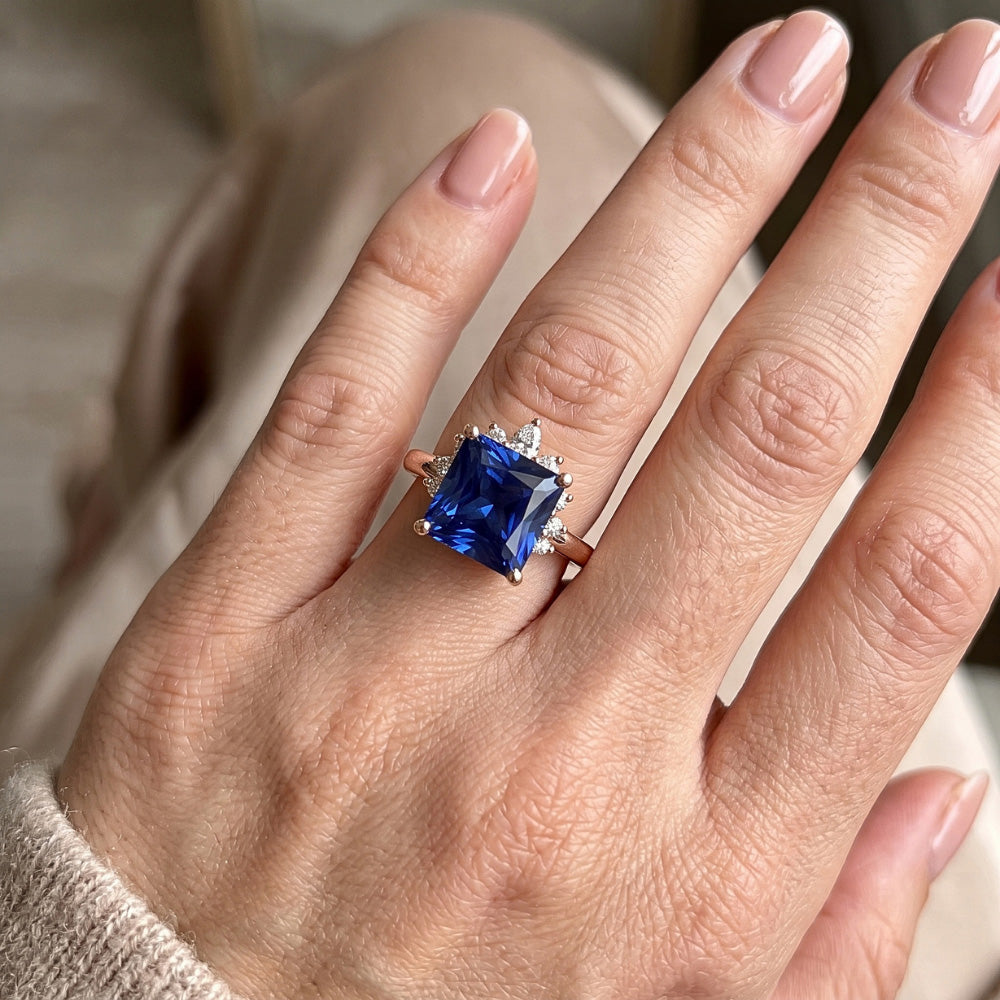 Natural Earth Mined Diamond ( Not Lab Grown ) Engagement Ring Half Halo Princess Blue Sapphire 5.50 Carats
