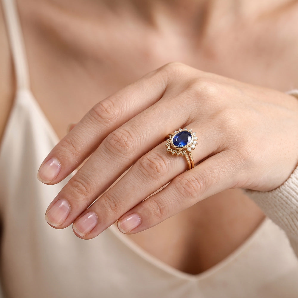 Natural Earth Mined Diamond ( Not Lab Grown ) Engagement Ring Set Bezel Set Blue Sapphire 3 Carats