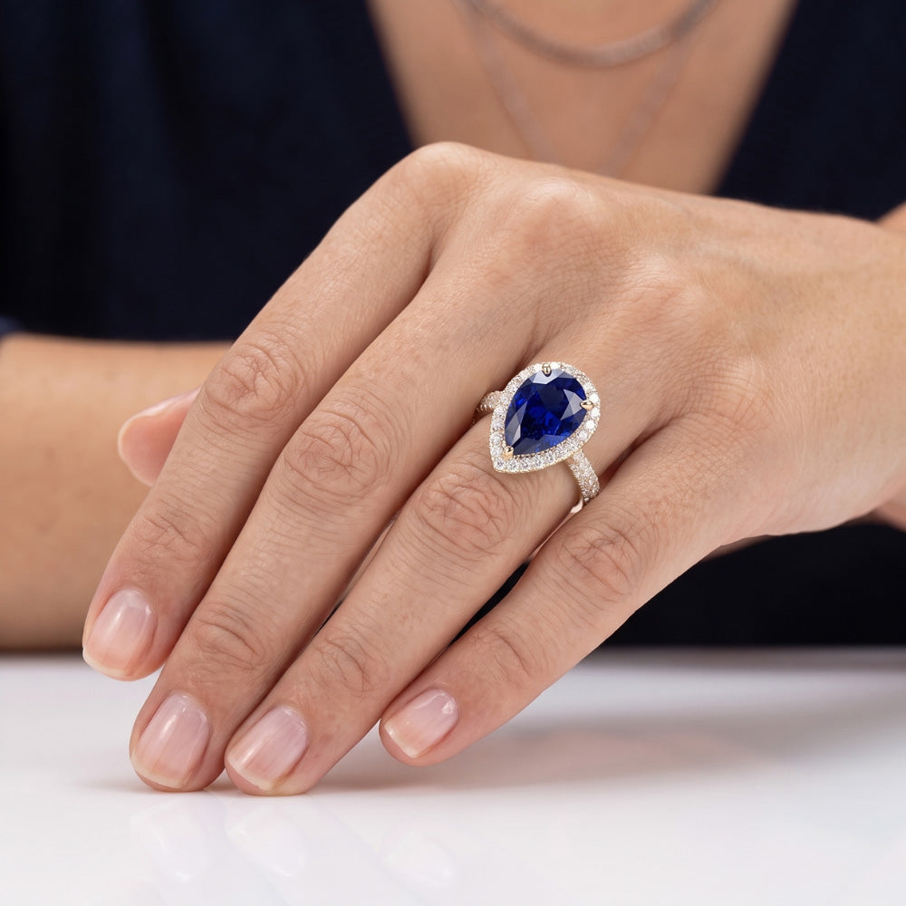 Natural Earth Mined Diamond ( Not Lab Grown ) Halo Blue Sapphire Wedding Ring Yellow Gold 5 Carats