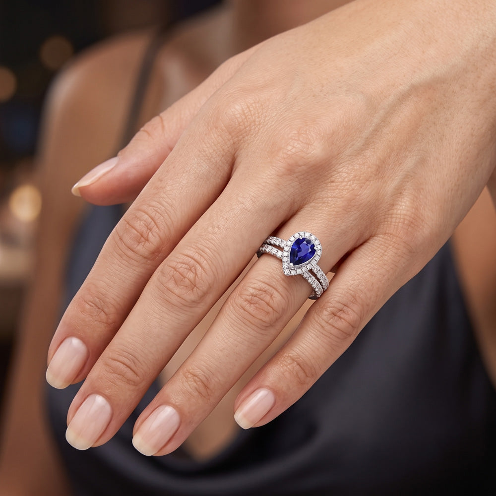 Natural Earth Mined Diamond ( Not Lab Grown ) Halo Pear Sri Lankan Sapphire Wedding Ring Set 2.50 Carats