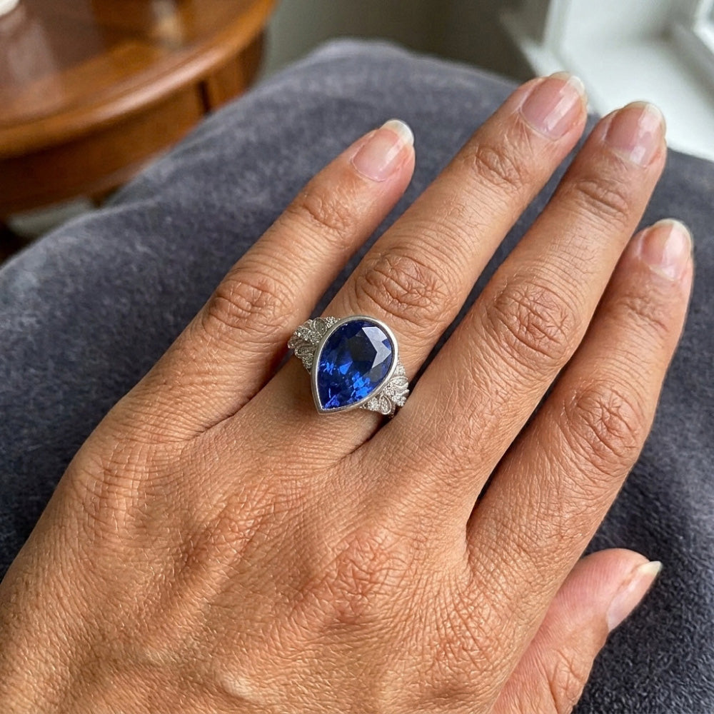 Natural Earth Mined Diamond ( Not Lab Grown ) Ring New Bezel Set Pear Blue Sapphire With Accents ...