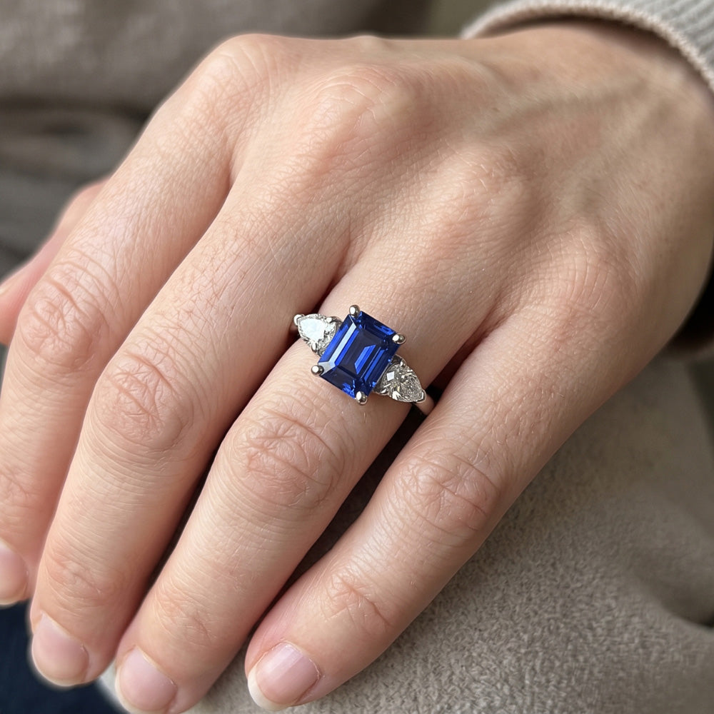 Natural Earth Mined Diamond ( Not Lab Grown ) Three Stone Emerald Shaped Ring Deep Blue Sapphire 2.50 Carats