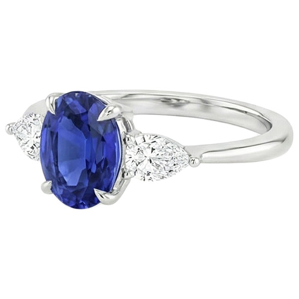Natural Earth Mined Diamond ( Not Lab Grown ) Three Stone Ring Oval Cut Ceylon Sapphire 3.50 Carats