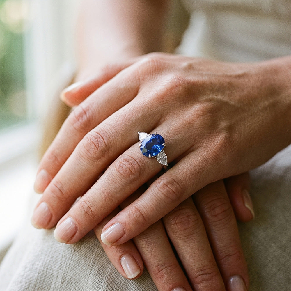 Natural Earth Mined Diamond ( Not Lab Grown ) Three Stone Ring Oval Cut Ceylon Sapphire 3.50 Carats