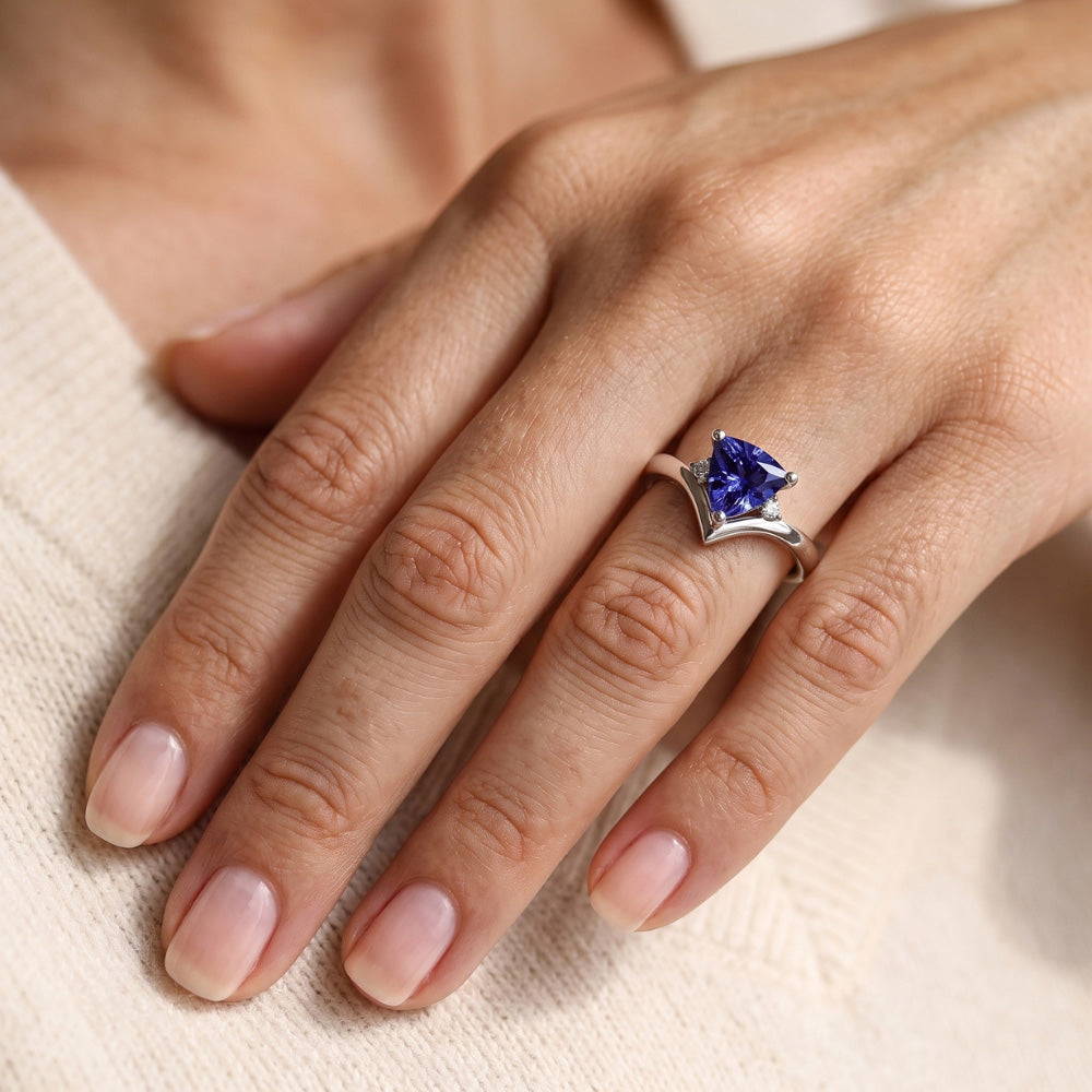 Natural Earth Mined Diamond ( Not Lab Grown ) Three Stone Trillion Sapphire Ring 1.25 Carats Heart Style