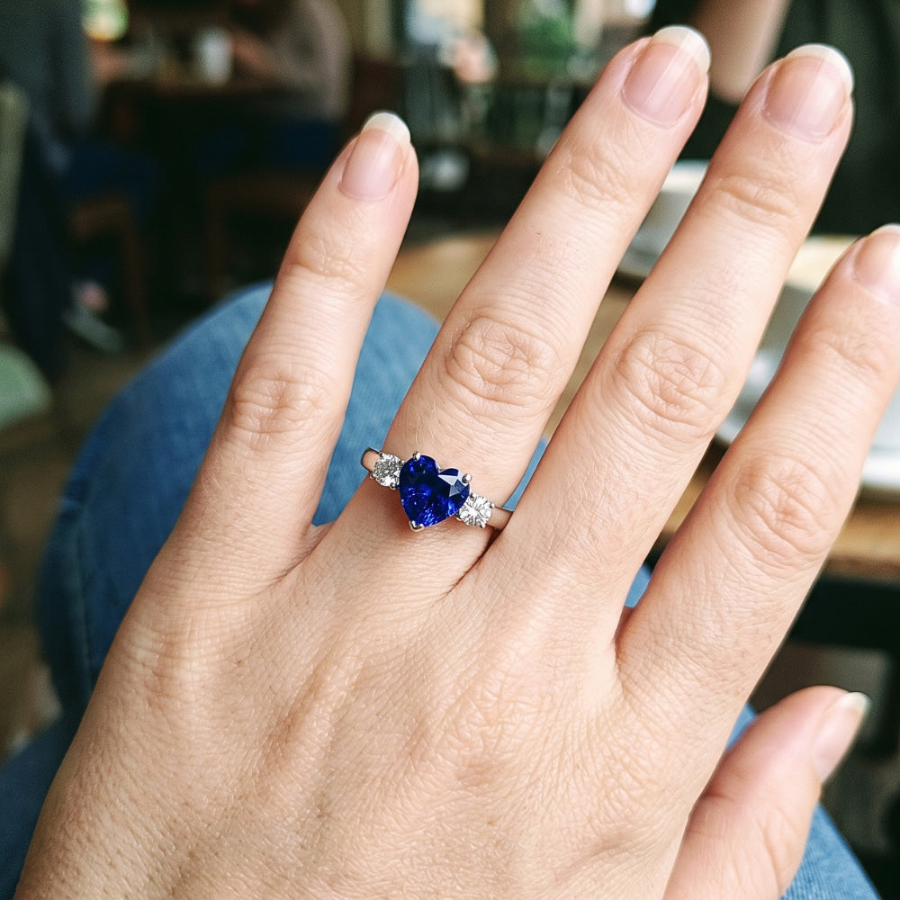 Natural Earth Mined Diamond ( Not Lab Grown ) Three Stone Wedding Heart Ceylon Sapphire Ring 2.50 Carats