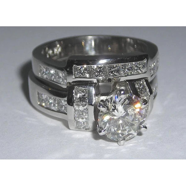 Natural Diamond Engagement Ring 2.71 Carats Princess and Round White Gold 14K