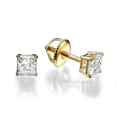 Natural Diamonds Studs Earrings 3.50 Carats 14K Yellow Gold Princess Cut