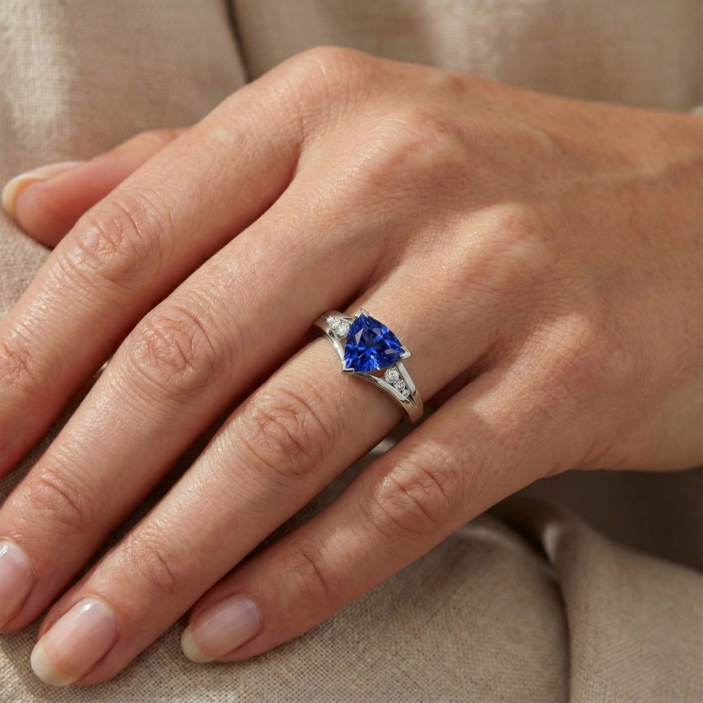 Natural Earth Mined Diamond ( Not Lab Grown ) Jewelry Trillion Blue Sapphire Ring 1.25 Carats 5 Stone Style