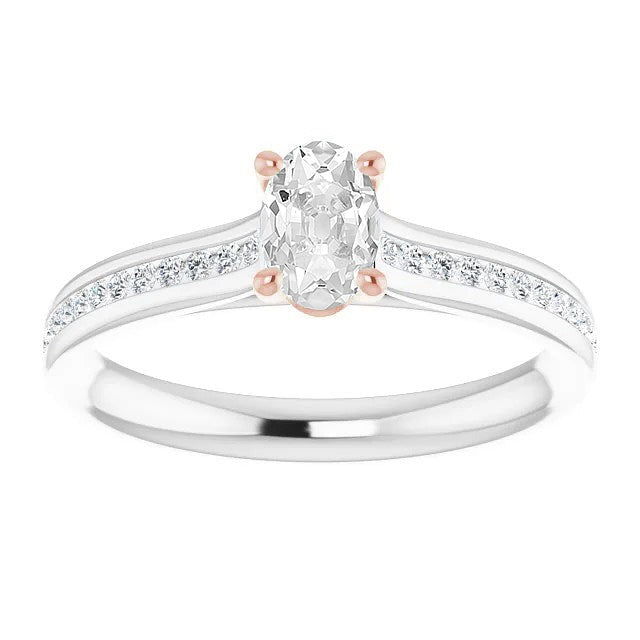 Natural Oval Old Cut Diamond Ring Two Tone Prong Channel Set 4.40 Carats