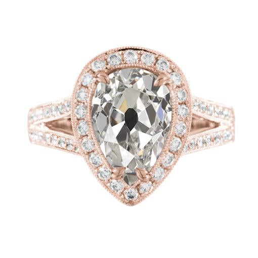 Old Cut Pear Halo Genuine Diamond Ring Split Shank 3.50 Carats Rose Gold