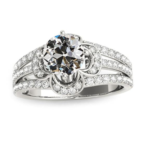 Old Cut Real Diamond Ring Flower Style Triple Row Accents Gold 5.50 Carats