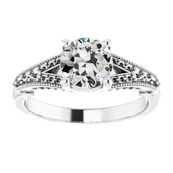 Old Cut Real Diamond Solitaire Ring Beaded Style Split Shank 2 Carats