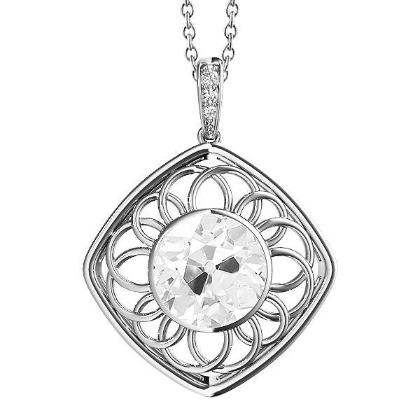 Old Mine Cut Real Diamond Pendant Bezel Set 2.50 Carats White Gold