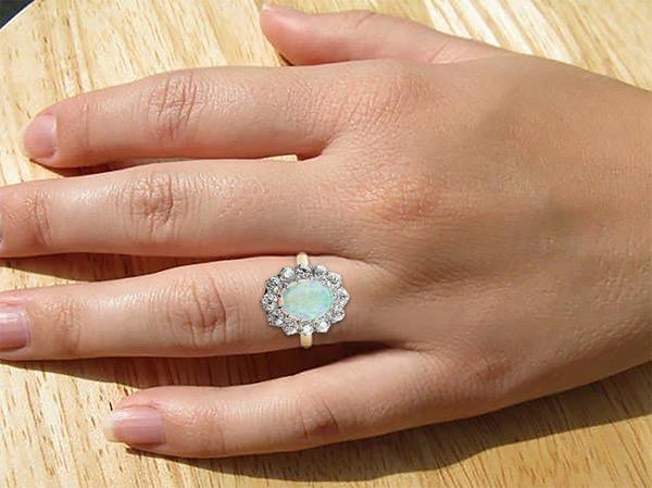 Opal And Natural Earth Mined Diamonds 6.75 Carats Anniversary Ring Gold 14K New