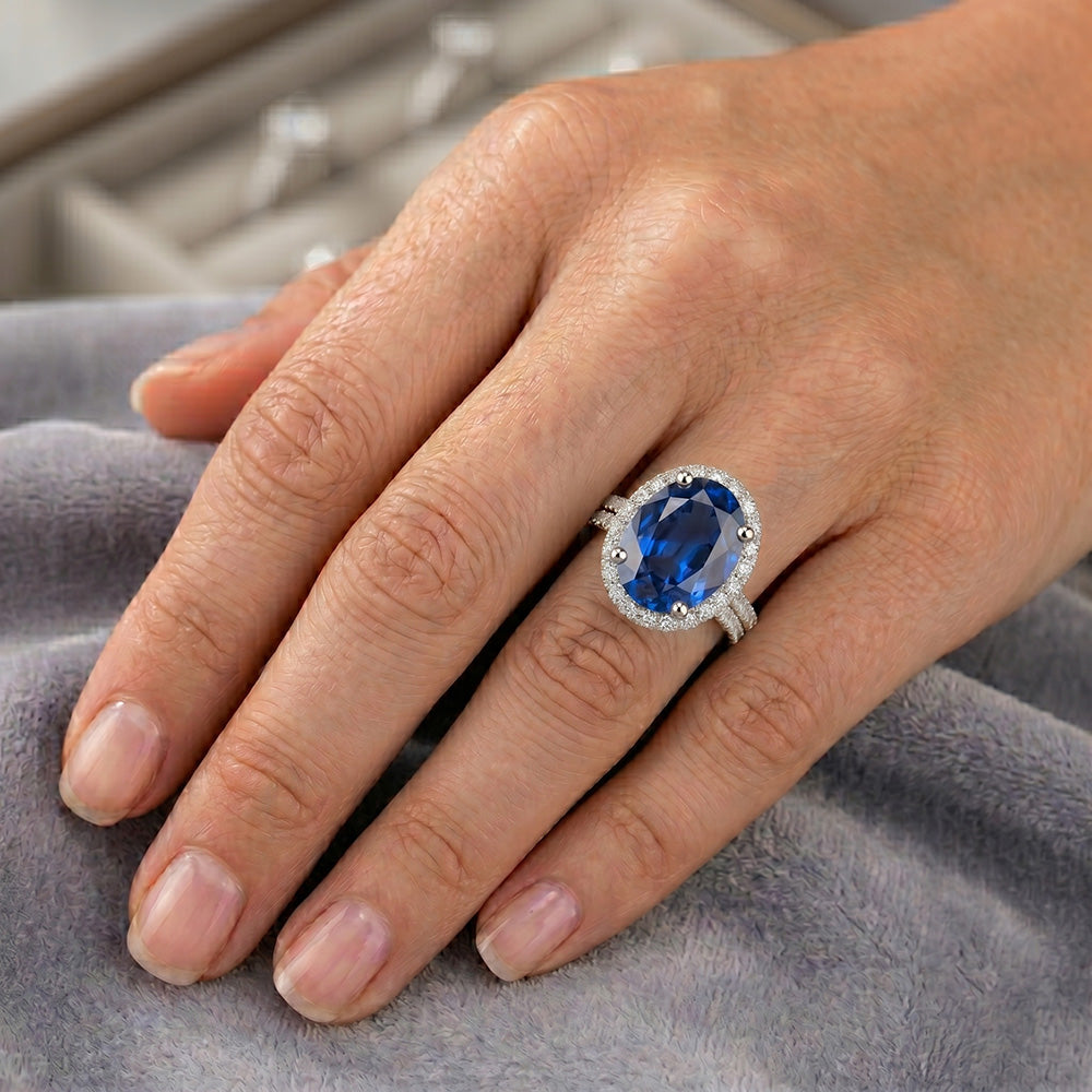 Oval Blue Sapphire Halo Engagement Ring Set 10.25 Carats White Gold