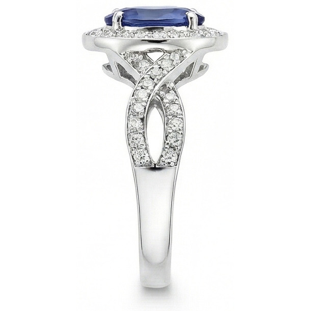Oval Ceylon Sapphire & Round Natural Earth Mined Diamond ( Not Lab Grown ) Ring 1.55 Carat White Gold 14K