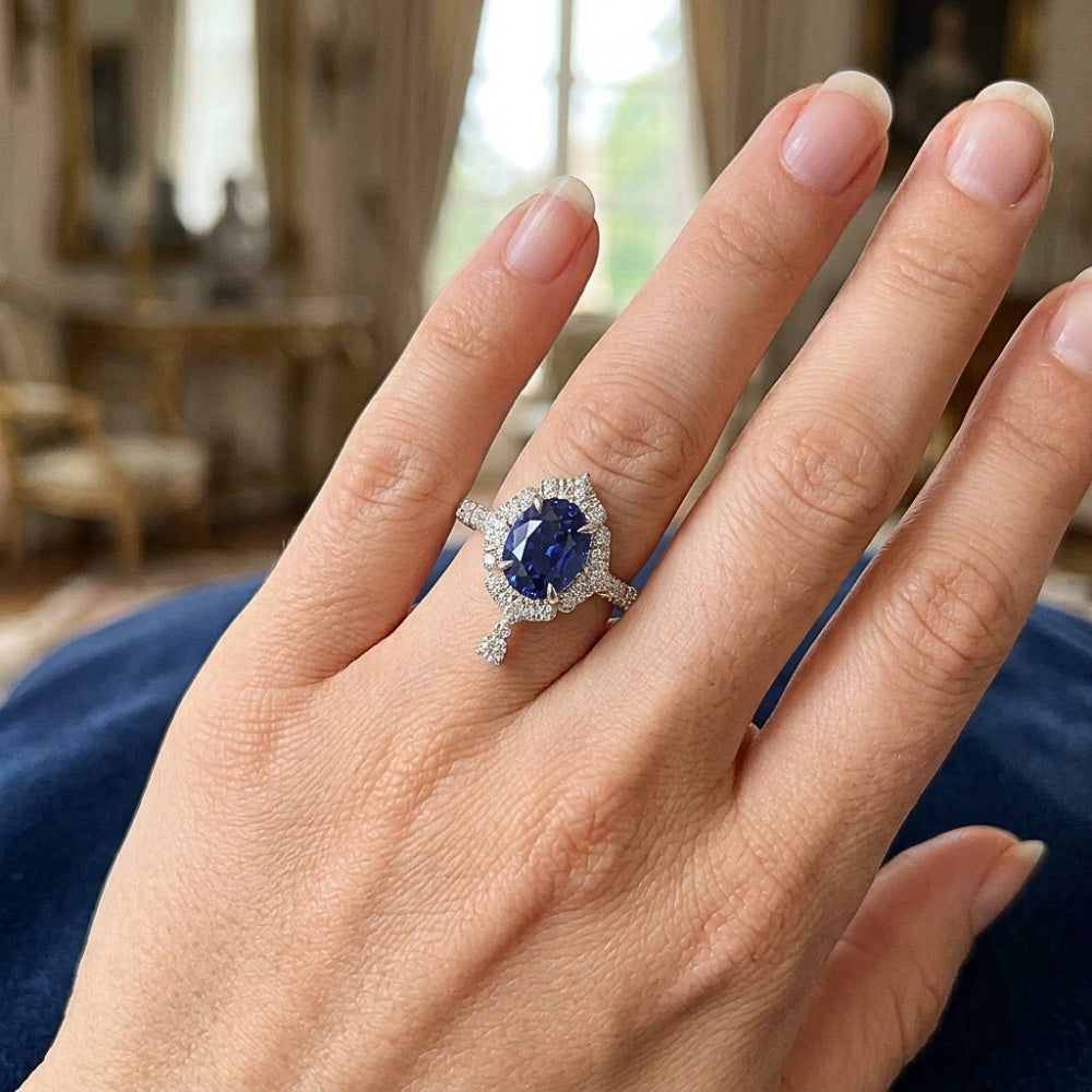 Oval Cut Halo Ceylon Sapphire Engagement Ring 5.50 Carats White Gold