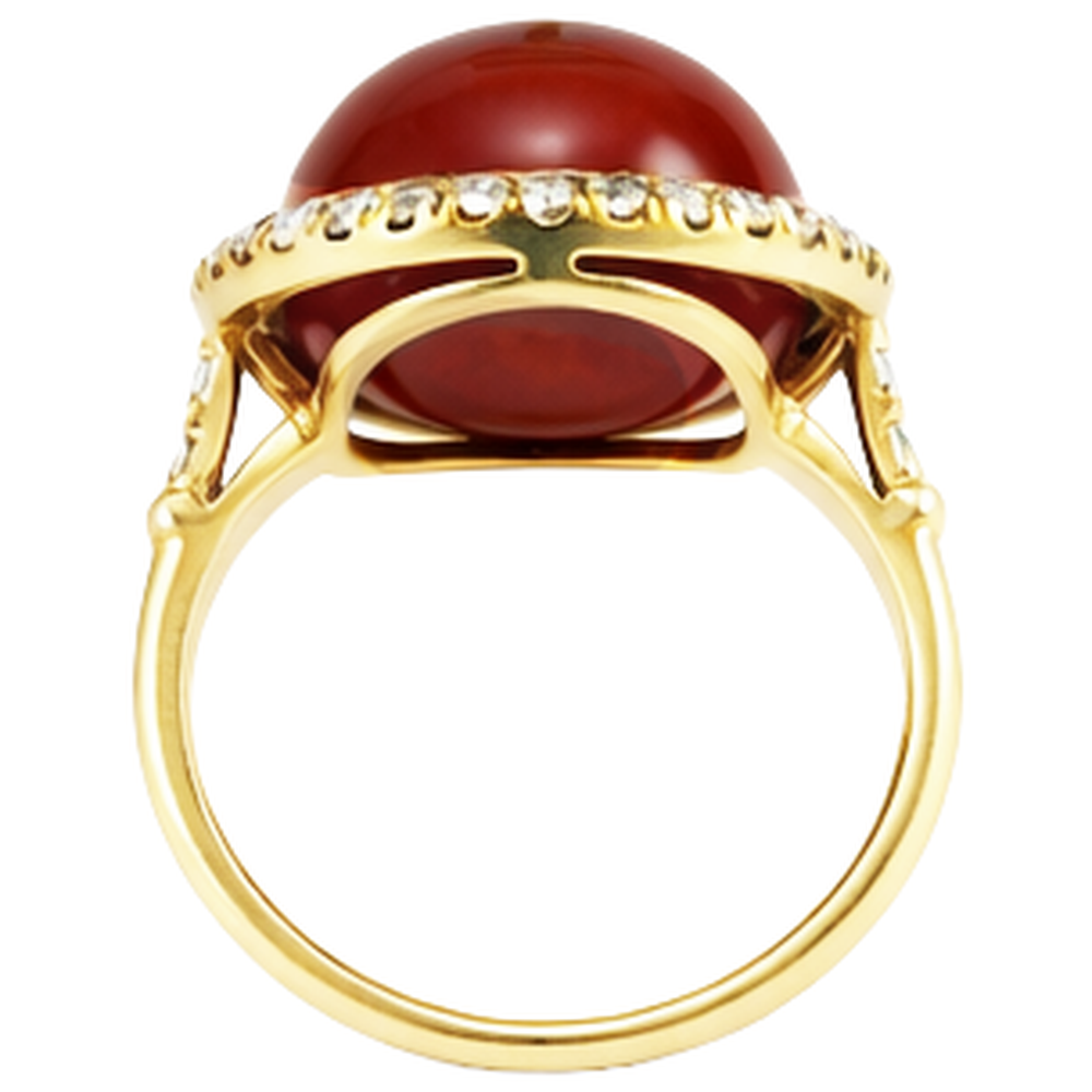 Oval Cut Red Coral And Round Natural Earth Mined Diamond ( Not Lab Grown )s 14 Ct Ring Yellow Gold 14K