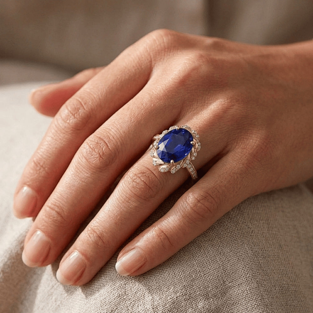 Oval Halo Gemstone Ring Blue Sapphire Pave Natural Earth Mined Diamond ( Not Lab Grown ) Yellow Gold 7 Carat