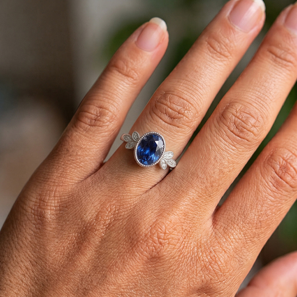 Oval Natural Earth Mined Diamond ( Not Lab Grown ) Ring Bezel Set Blue Sapphire 3 Carats Antique Style Gold