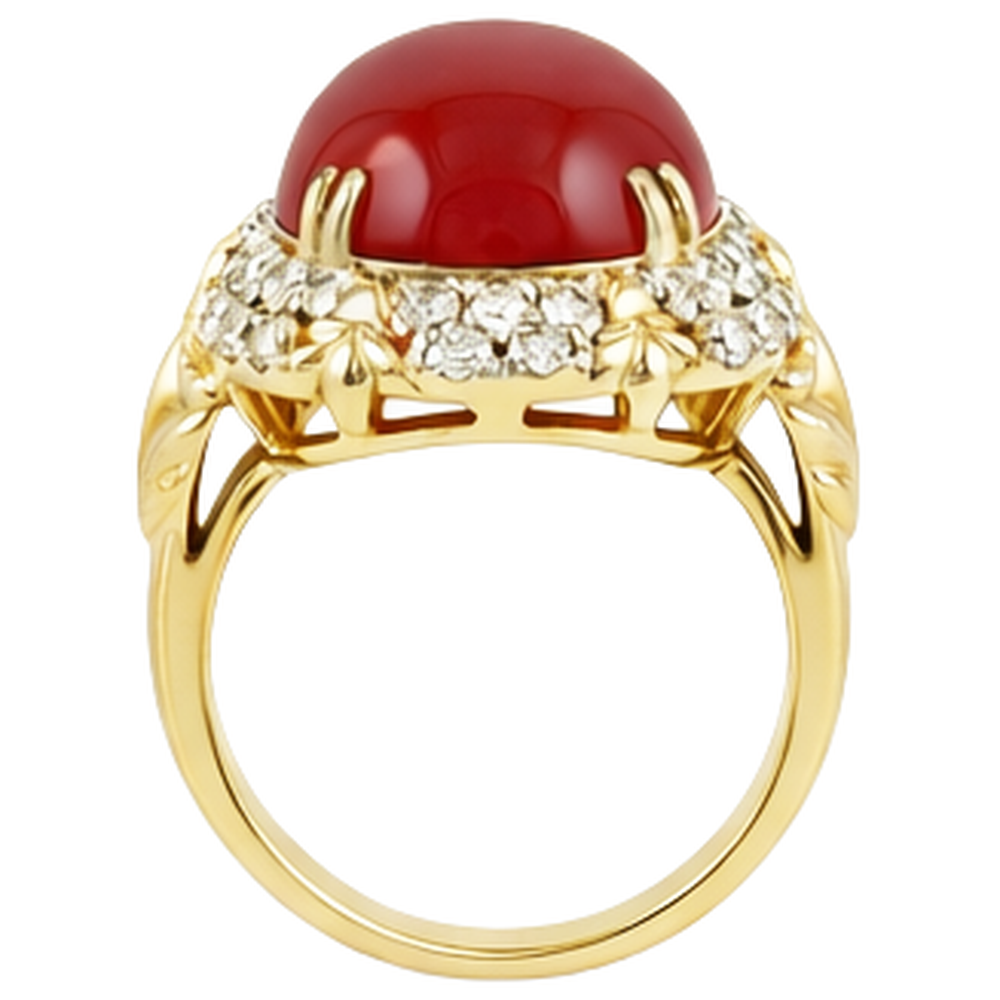 Oval Red Coral With Natural Earth Mined Diamond ( Not Lab Grown )s 11.20 Ct Wedding Ring 14K Yellow Gold 14K
