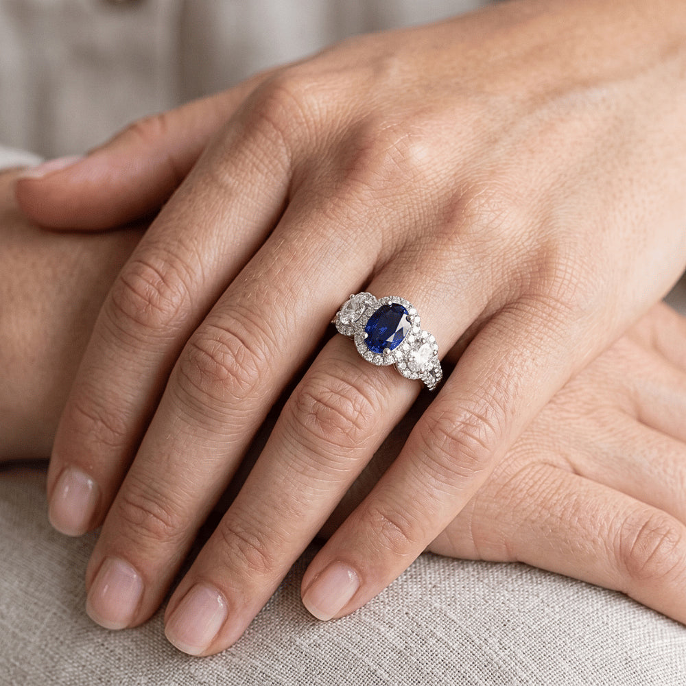 Oval Sapphire Halo Ring 3 Stone Style 3.50 Carats Split Shank Natural Earth Mined Diamond ( Not Lab Grown )s
