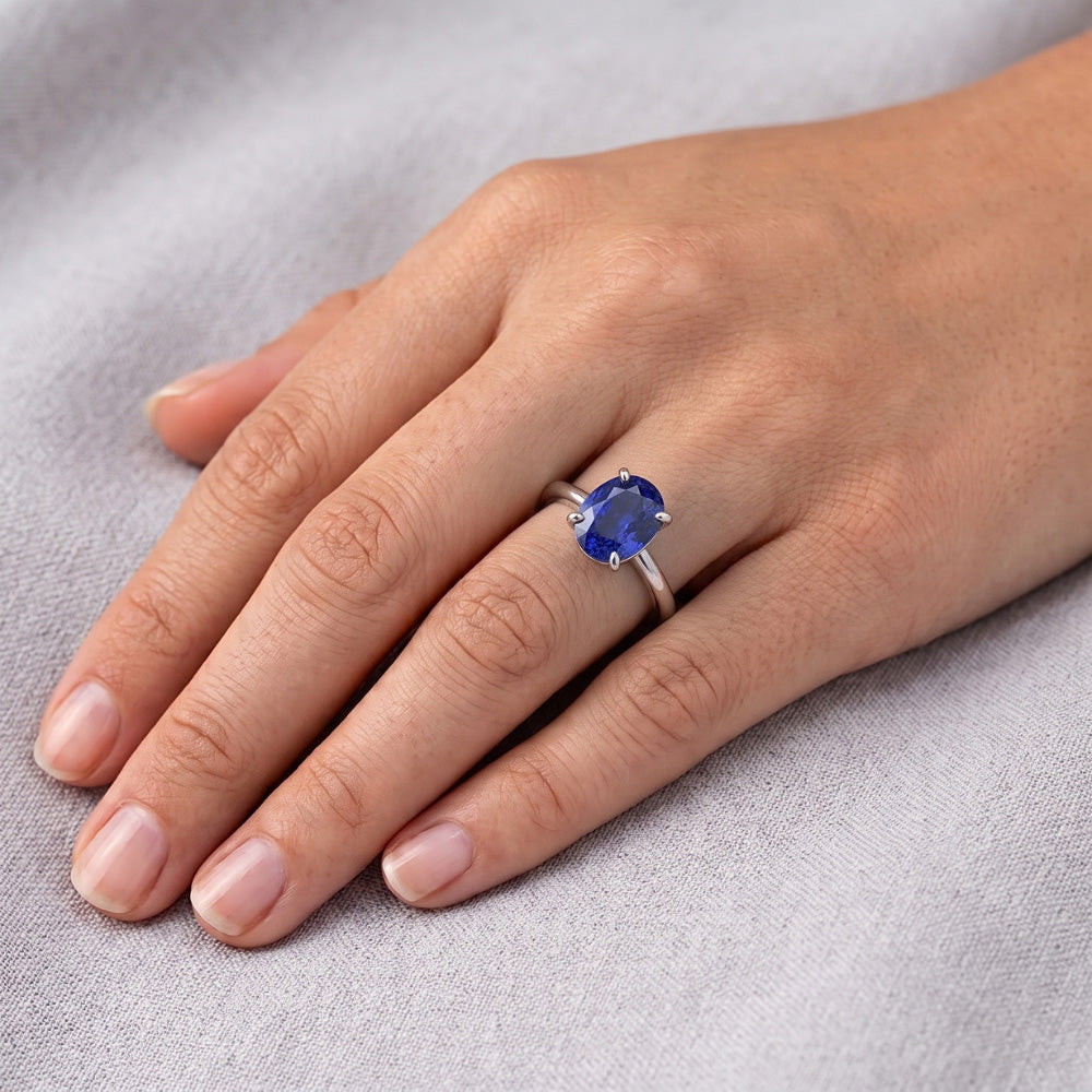 Oval Sri Lanka Sapphire Solitaire Ring White Gold 14K 3.30 Carats