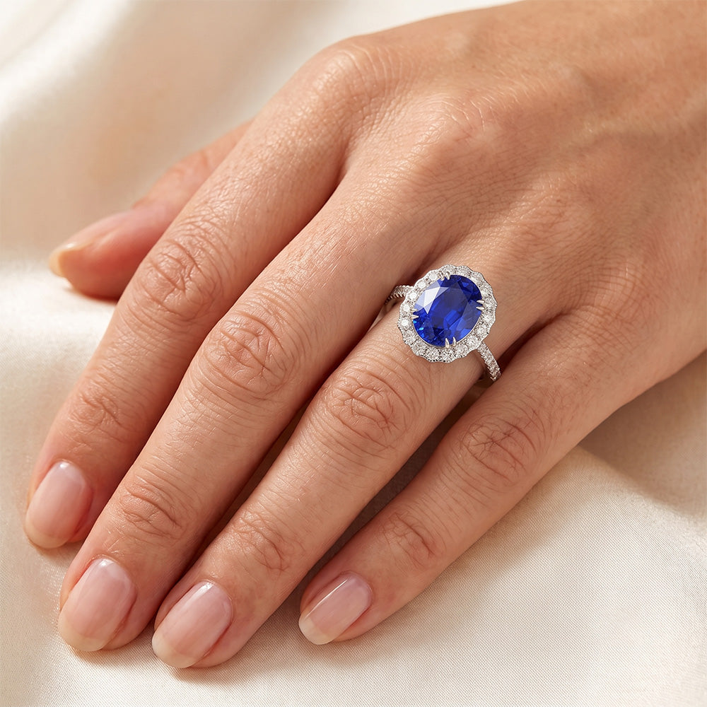 Oval Sri Lankan Sapphire Natural Earth Mined Diamond ( Not Lab Grown ) s 4.30 Ct Ring White Gold 14K