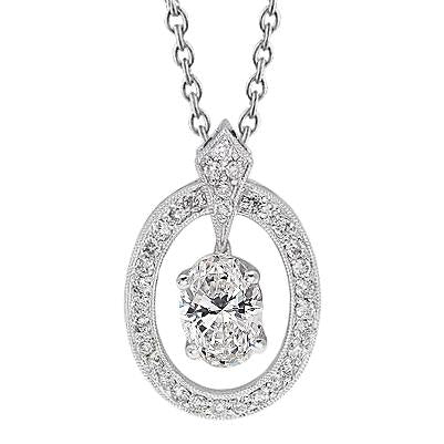 Oval And Round Genuine Diamond Necklace Pendant 1.80 Carats 14K White Gold