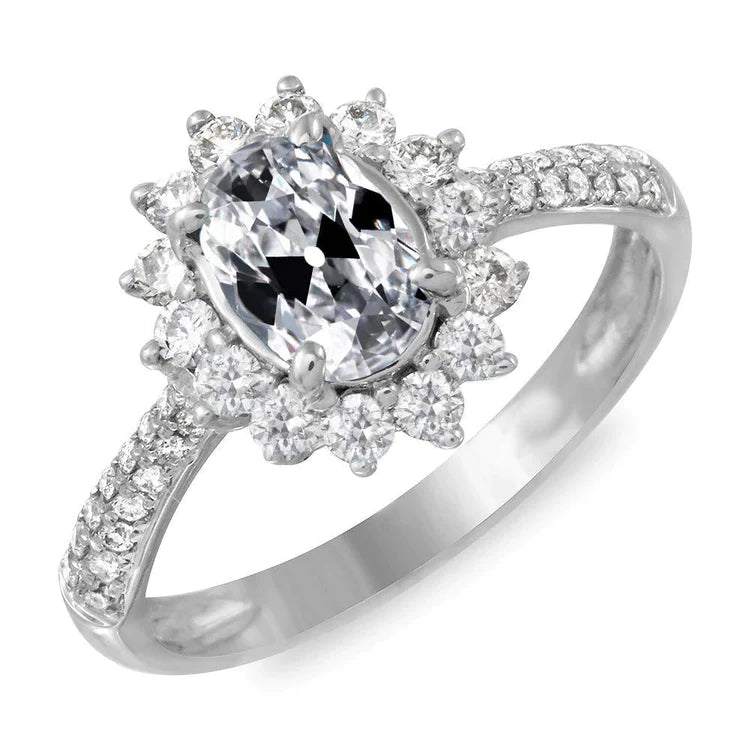 Oval Old Cut Halo Genuine Diamond Wedding Ring Flower Style 9 Carats Gold